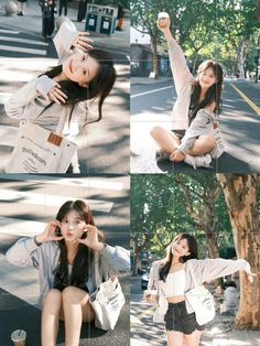 four pictures of a woman sitting on the ground with her hand up to her face