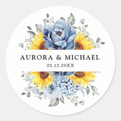 a wedding sticker with sunflowers and blue watercolor flowers on the front