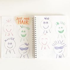 two notebooks with drawings of faces and numbers on them, one is for hair