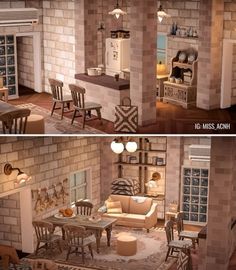 two pictures of a living room and dining room in the same house, one is made out of bricks