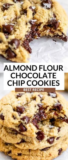 chocolate chip cookies cut in half and stacked on top of each other with the words almond flour chocolate chip cookies