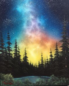 a painting of the night sky with stars and trees in it, painted on canvas