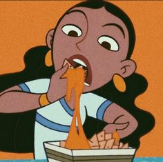 an animated image of a boy eating food from a bowl with his mouth wide open