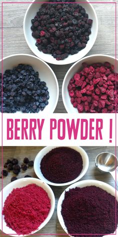 berry powder in white bowls with the words berry powder on top and below it's image