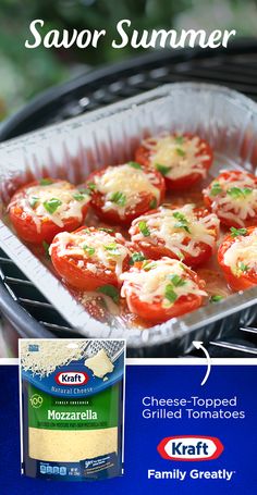 an advertisement for cheese - topped grilled tomatoes on the grill