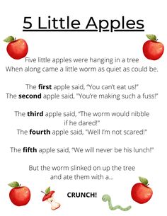 the five little apples poem is shown with an apple and worm on it's side