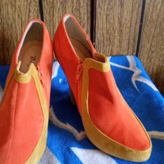 Orange And Yellow Suede Brand New Never Been Worn High Heels Arastol Shoes, Casual Orange Slip-on Heels, Orange Closed Toe Heels For Fall, Orange Almond Toe Heels For Summer, Orange Suede Heels With Round Toe, Orange Heels With 4-inch Round Toe, Orange Heels With 4-inch Heel And Round Toe, Orange Open Toe Heels For Fall, Orange And Yellow