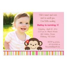 invitation Girl Birthday Invitations, Monkey Photo, Jungle Photo, Girl Monkey, Photo Birthday Invitations, Photo Birthday, Birthday Invitations Girl