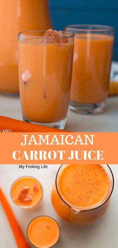 two glasses filled with carrot juice on top of a table