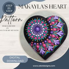 a black heart with colorful designs on it and the words, step by step pattern