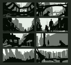 black and white silhouettes of cityscape with people walking on the sidewalk, buildings in the background