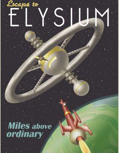 an advertisement for elysumm with a space shuttle flying through the sky and saturn in the background