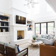 a living room filled with furniture and a flat screen tv mounted on the wall above a fire place