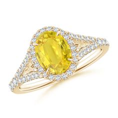 Complemented by shimmering diamonds, the oval yellow sapphire in a claw setting looks exceedingly alluring. The intricate scrollwork on the gallery is enhanced with bezel set accents for a captivating side view. This split shank halo ring is designed in 14k yellow gold. Yellow Sapphire Rings, Sapphire Rings, Claw Setting, Split Shank, Yellow Sapphire, Halo Ring, Side View, The Gallery, 18k Rose Gold