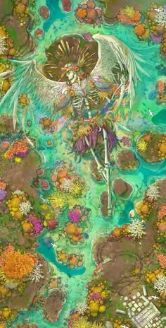 a painting of a skeleton in the water surrounded by plants and flowers, with an angel above