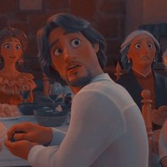 an animated image of people sitting at a dinner table