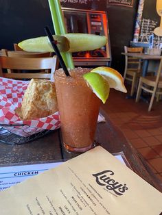 a drink and some food on a table