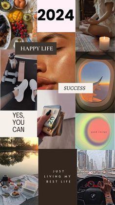 a collage of photos with the words happy life and images that include people in different places