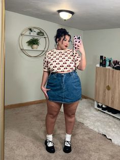 Cute cherry top and denim skirt outfit + Outfit is link below!!! Mini Skirt Plus Size, Plus Size Denim Skirt, Plus Size Denim Skirt Outfit, Spring Plus Size Outfits, Summer Plus Size Outfits, Plus Size Jeans Outfit, Plus Size Mini Skirt Outfit, Mini Denim Skirt Outfit, Plus Size Outfits For Summer