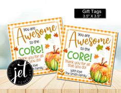 two cards with pumpkins on them and the words, you are awesome to the core