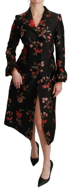 Dolce & Gabbana Black Floral Embroidered Jacket Coat - Ellie Belle Coat Editorial, Dolce Gabbana Jacket, Embroidered Coat, Luxury Outerwear, Single Breasted Coat, Trench Coat Black, Oversized Coat, Dolce E Gabbana, Dark Floral