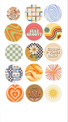 an assortment of stickers with different designs on them, including hearts and sunbursts