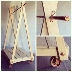 three different views of a wooden cart with wheels