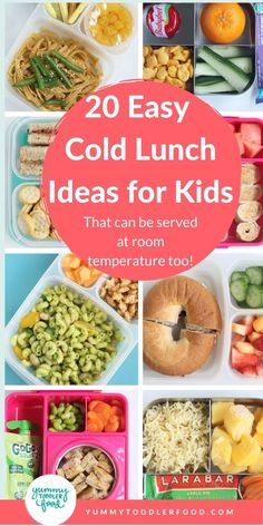 the collage of different lunches with text overlay that reads 20 easy cold lunch ideas for kids