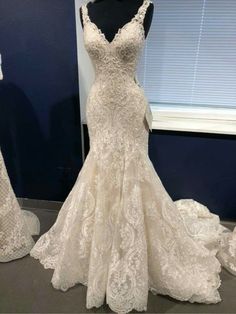 a wedding dress on display in front of a window