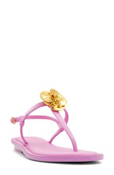 Goldtone floral hardware shines atop a strappy sandal that's an elevated take on a warm-weather staple. Adjustable slingback strap with buckle closure Textile upper/leather lining/textile and synthetic sole Imported Ted Baker London, Strappy Sandals, Bright Pink, Warm Weather, Ted Baker, Womens Sandals, Gold Tones, Buckle, Nordstrom