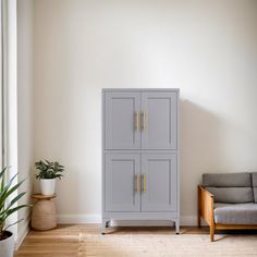 a living room with a couch, cabinet and potted plant on the floor next to it