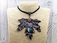 This natural leaf necklace is handcrafted with love and passion in my home studio. A beautiful pendant made from real maple leaf and little agate cabochon, covered with strong, pure copper layer. DETAILS: - This maple leaf pendant is already made and ready to ship - Black wooden box and jute bag included. Great gift package - Copper chain with clasp included. Choose your length in personalization menu - Free international shipping - Ships with tracking number within 1 business days once ordered! Handmade Leaf-shaped Nature-inspired Jewelry, Handmade Brown Leaf-shaped Jewelry, Unique Copper Leaf Jewelry, Nature-inspired Leaf Shaped Copper Jewelry, Unique Handmade Leaf-shaped Necklace, Unique Handmade Leaf Necklace, Handmade Leaf Necklace, Maple Leaf Necklace, Citrine Crystal Necklace