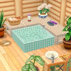 a room with a pool and potted plants on the floor