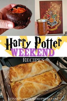 harry potter weekend recipes and desserts are featured in this collage with text overlay