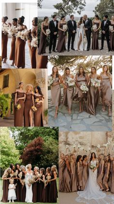 the bridesmaids are all dressed in brown and white gowns for their wedding