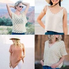 four pictures of women wearing crochet clothing and hats