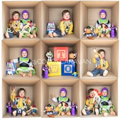 a group of small children sitting in toy boxes