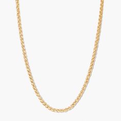 The Milo chain is constructed by intricately woven links aligned in the same direction to resemble the appearance of an ear of wheat. The wheat chain, also referred to as a Spiga or Franco chain, originated in Italy and is known for its durable structure and resistance to kinks. Available in stainless steel and gold plated Chain width: 4mm 22" franco chain Lobster claw closure Made in the USA SKU: BYMN007 Classic Link Chain Necklace With Rope Detail, Classic Rope Chain Link Necklace, Classic Link Necklace With Wheat Chain, Classic Link-style Rope Chain Necklace, Classic Wheat Chain Link Necklace, Classic Wheat Chain Necklace, Classic Rope Chain Necklace With Oval Link, Classic Oval Link Rope Chain Necklace, Yellow Gold Metal Jewelry With Wheat Chain