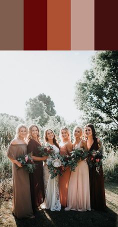 a group of women standing next to each other in front of trees and grass with the color red