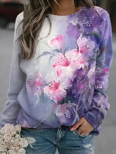 Purple Casual Graphic Tops Round Neck Long Sleeve Floral Printed Sweatshirts Basic Streetwear, Tops Long Sleeve, Fall Sweatshirt, Women Hoodies Sweatshirts, Print Sweatshirt, Casual Pullover, Pattern Floral, Pullover Sweatshirts, Womens Fall