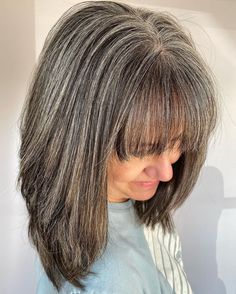 Natural Gray Hair with Brown Lowlights Brown Hair With Gray, Grey Hair With Brown Lowlights, Brown Hair Going Grey, Brown Hair With Lowlights