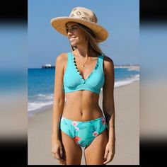 Women's Floral Bikini Set From Cupshe. Size Medium. Aqua Blue Color, Solid Top And Floral, High Waisted Bottom. Top Is Bralette Style, With Hook Enclosure In The Back, And Scalloped Detailing On The Cups. Hygienic Liner Intact. Never Worn. Retailed For $27 Turquoise Stretch Tankini For Vacation, Summer Turquoise Tankini For Sunbathing, Tropical Turquoise Swimwear For Beach Season, Turquoise Tankini For Beach Party In Summer, Turquoise Swimwear For Spring Beach Occasion, Turquoise Swimwear For Spring Beach Outing, Turquoise Swimwear For Beach In Spring, Turquoise Tankini For Summer Sunbathing, Turquoise Summer Tankini For The Beach