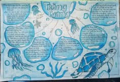 a drawing with words and sea animals on it