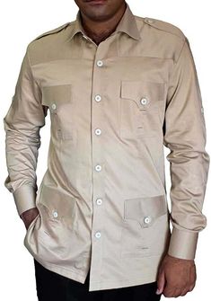 This cotton bush mens shirt is made with tan color two buttoned chest pockets flanked by two waist pockets. Roll up tabs secure sleeves. Functional shoulder epaulettes. All shirts come in standard US sizes Made in Tan color thick cotton fabric.Fit for mountaineering, hiking, traveling, camping, running and other outdoor activities Dry Clean Only: Made in India Hunting Shirts For Men, Boy Scout Shirt, Hunter Costume, Military Style Short Sleeve Outdoor Shirt, Hunt Coat, Khaki Military Utility Jacket For Hunting, Khaki Collared Military Shirt, Military Style Hunting Outerwear With Multiple Pockets, Crocodile Hunter