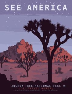 the joshua tree national park poster is shown in purple and pink tones, with mountains behind it