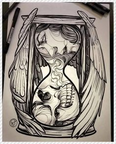 a drawing of an hourglass with a woman holding a baby in it's arms