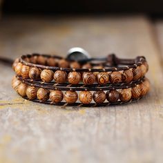 Double Leather Wrap Bracelet Wrap Armband, Boho Chique, Natural Accessories, Wood Bead Bracelet, Natural Man, Double Wrap Bracelet, Wooden Bracelet, Estilo Boho Chic, Wrap Bracelets