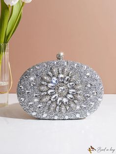 BirdinBag - Chic Rhinestone Box Bag: Ideal Bridal Purse for Weddings, Proms & Parties Silver Crystal Bags For Gifts, Silver Crystal Bag For Gift, Silver Crystal Bags As Gifts, Silver Crystal Clutch For Gift, Silver Crystal Bag For Prom, Sparkling Crystal Evening Bag For Wedding, Crystal Rhinestone Wedding Bags, Wedding Clutch With Bling, Crystal Handheld Evening Bag For Wedding