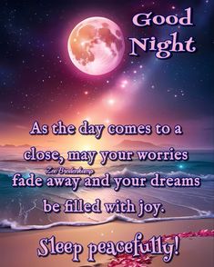 a quote on good night with the moon in the sky and beach scene behind it