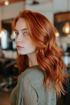 Woman with long, wavy red hair in a cozy sweater, standing in a softly lit room with blurred background. Curly Cuts, Red Hair Color Ideas